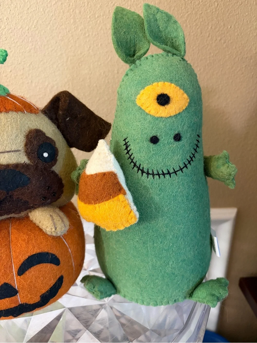 Wool Weighted Halloween Decor Pug Pumpkin Pup & Green Candy Corn Monster